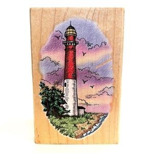 Vintage 1997 Stampendous Lighthouse Large Wooden Rubber Stamp Beach Scrapbooking